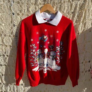 Vintage Red Collared Snowmen Christmas Sweater / Size L/XL